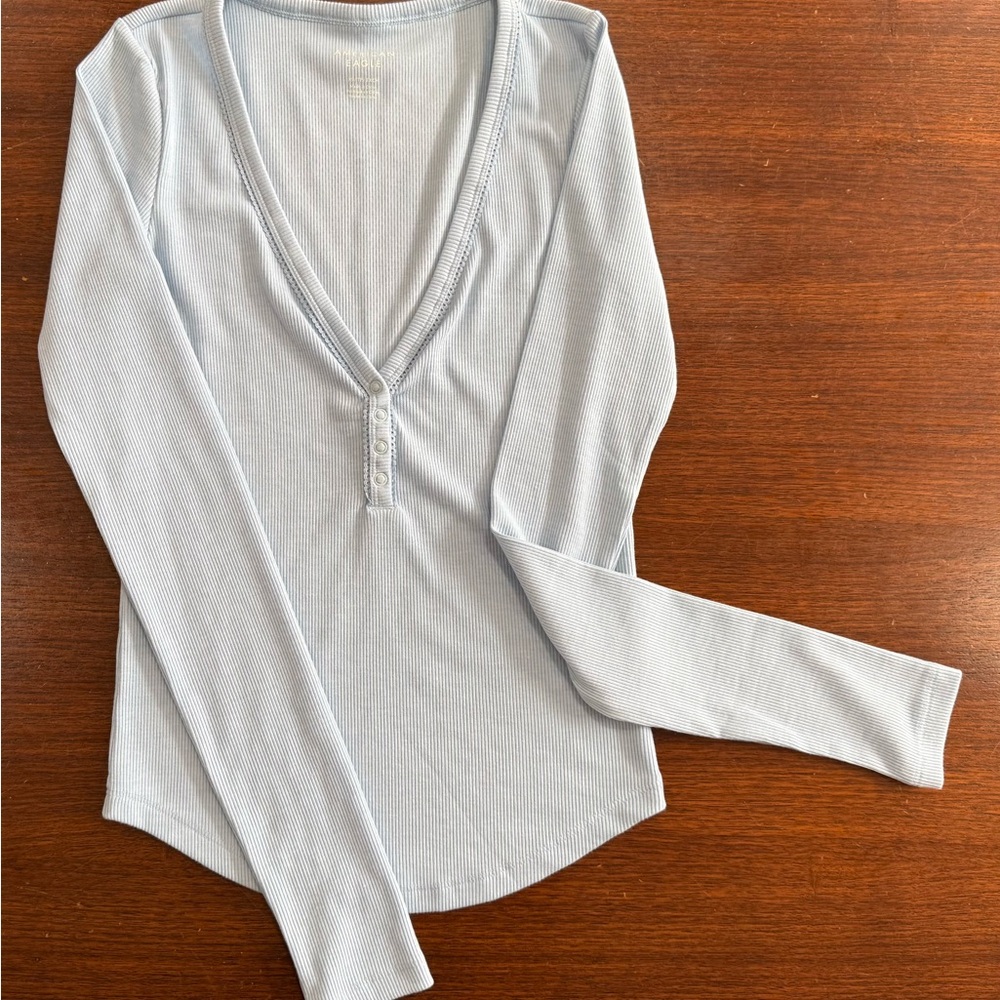 American Eagle Outfitters Sky Blue Ribbed Henley, XS